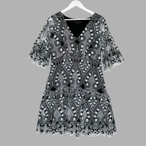 Boston Proper Size 14 Black White Embroidered Paisley Flutter Sleeve Dress